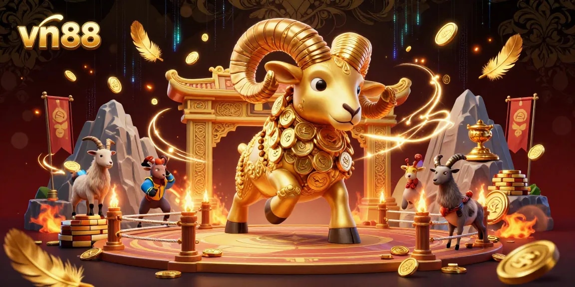 Engage with vn 88 through a dynamic 3D illustration depicting a golden ram charging at a casino gate, surrounded by vivid gambling elements.