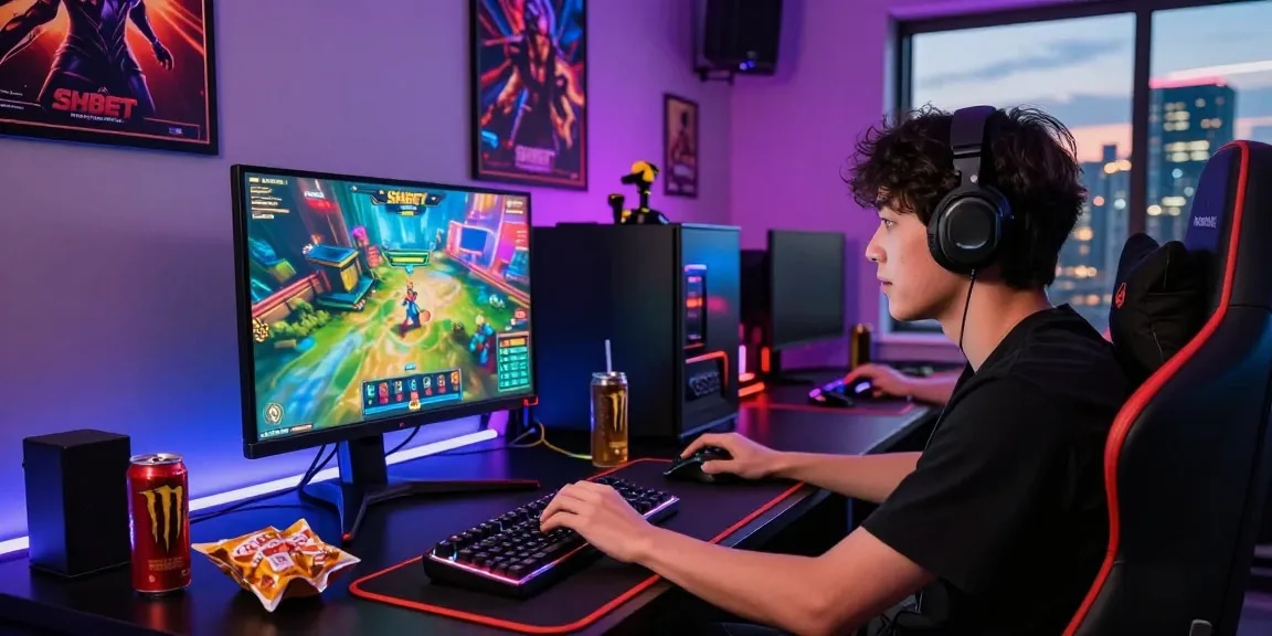 Player engaging in online gaming at SHBET, highlighting vibrant gaming setup with dynamic LED lighting and city skyline.