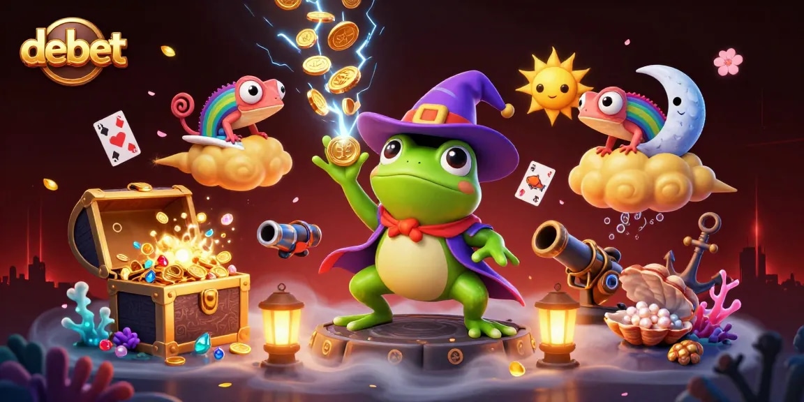 Players enjoy debet casino games surrounded by gold coins, colorful gems, and captivating characters.
