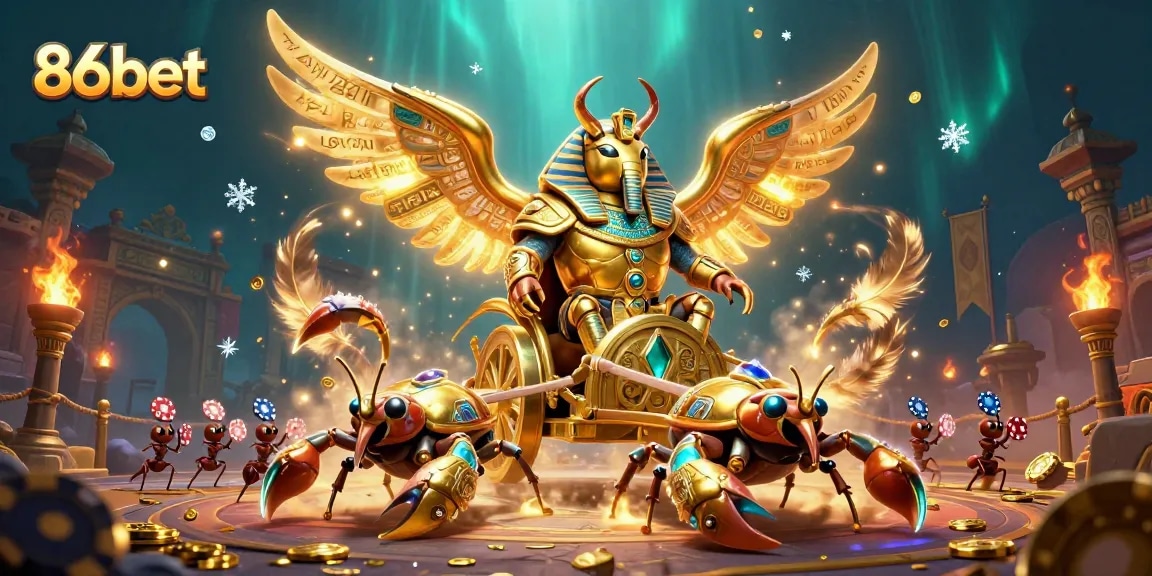 Experience thrilling gameplay at 86bet with a golden scarab, scorpions, and poker chips!