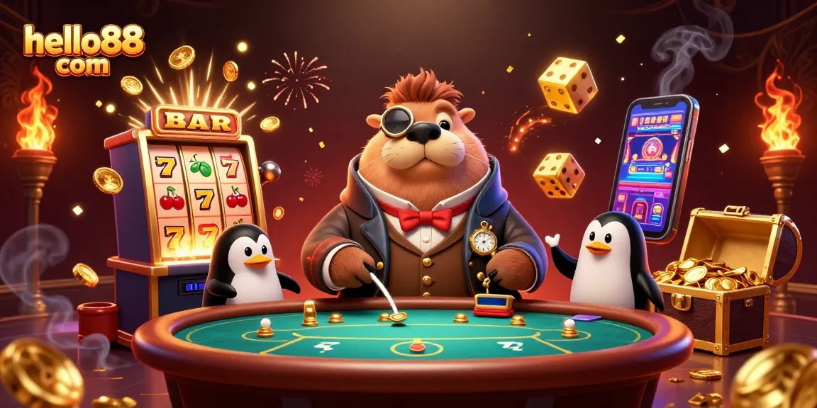 Experience excitement at hello88 com with playful characters in an engaging casino scene.