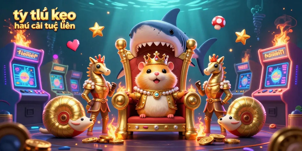 Experience tỷ lệ kèo nhà cái trực tuyến with a dynamic 3D scene of a hamster king on a shark throne, surrounded by casino elements.
