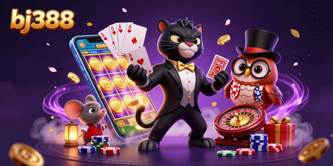 Experience thrilling wins at bj388 with a stylish panther dealer, owl and lucky mouse amidst vibrant casino elements.