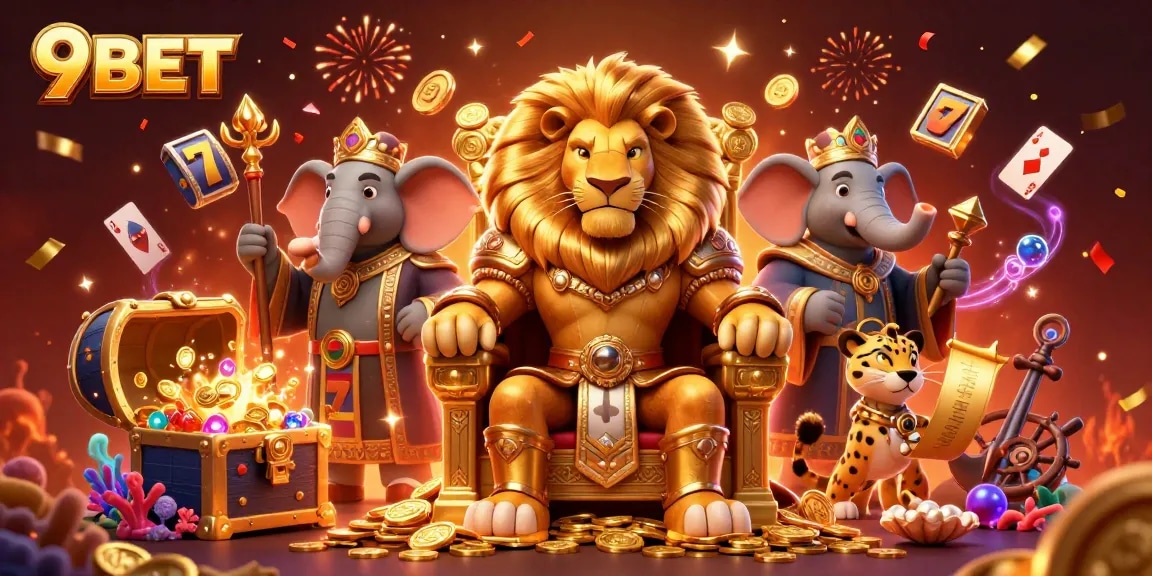 Engage in thrilling casino adventures with 9BET's majestic lion king and vibrant game elements.