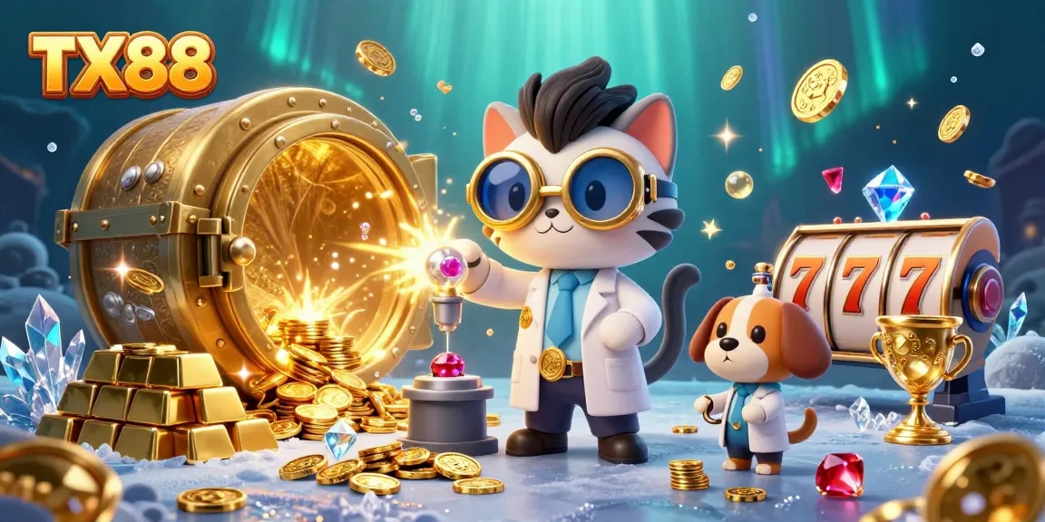 Spin TX88 slot reels as the mad scientist and dog create a golden treasure explosion.