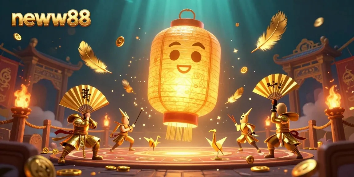 Engage with neww88's vibrant casino atmosphere featuring a golden lantern spirit and exciting gaming elements.