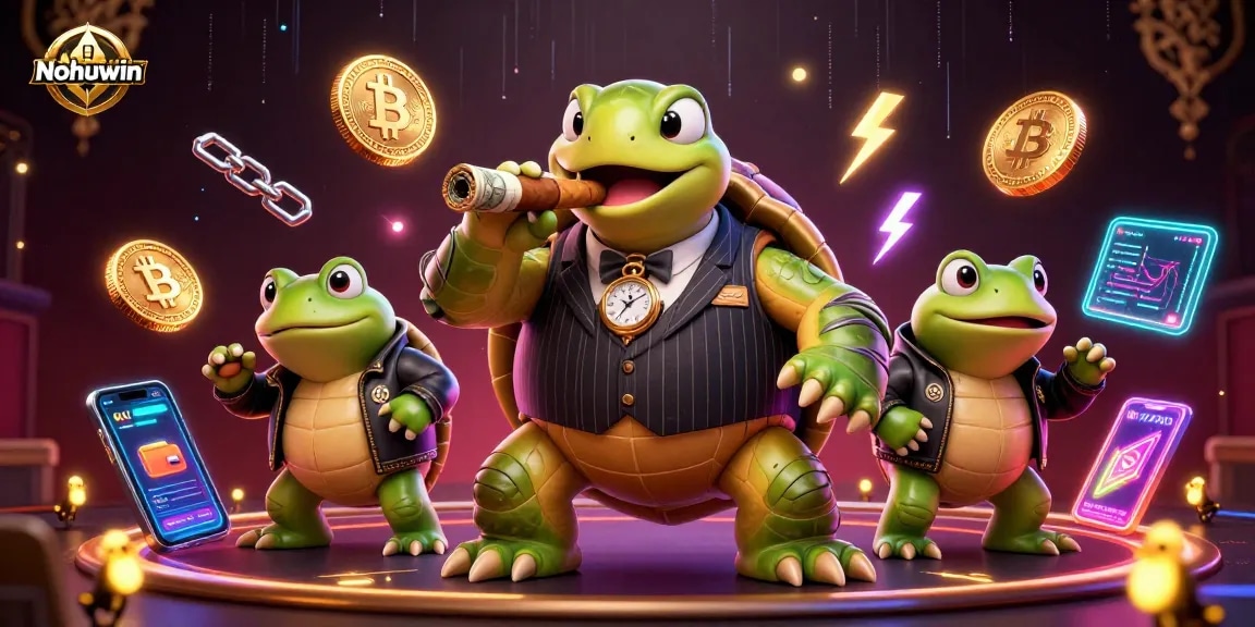 Nohuwin showcases thrilling online gaming with a unique, animated turtle character in a vibrant casino scene.