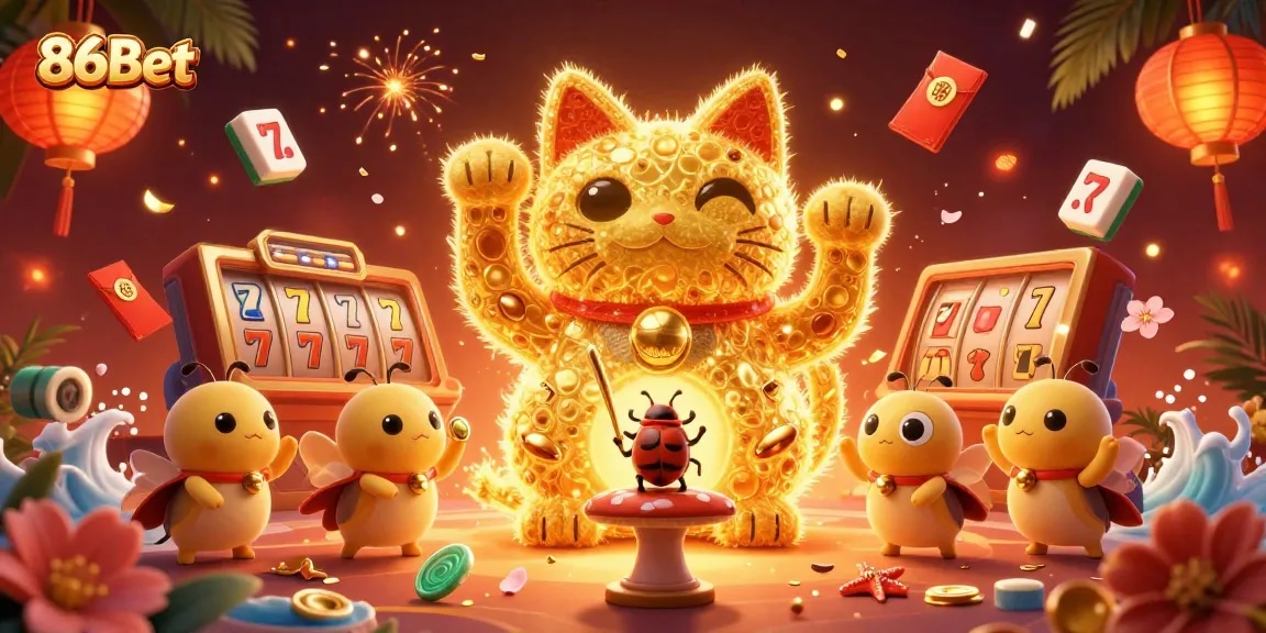Play with 86Bet's golden lucky cat amid vibrant casino symbols, showcasing excitement and charm.