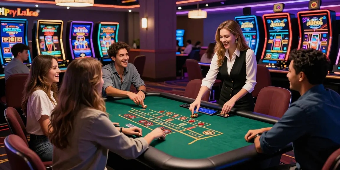 HappyLuke casino scene with friends enjoying live baccarat, vibrant atmosphere for an exciting gaming experience.