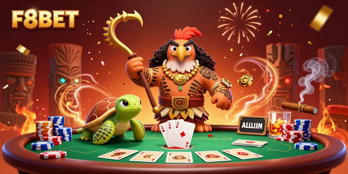 Experience thrilling moments at F8BET with vibrant poker scenes and dynamic characters in a festive atmosphere.