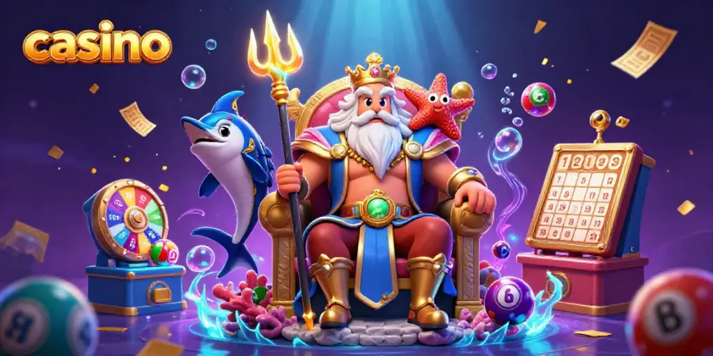 Experience vibrant casino excitement with Neptune and a swordfish samurai amid lottery action.