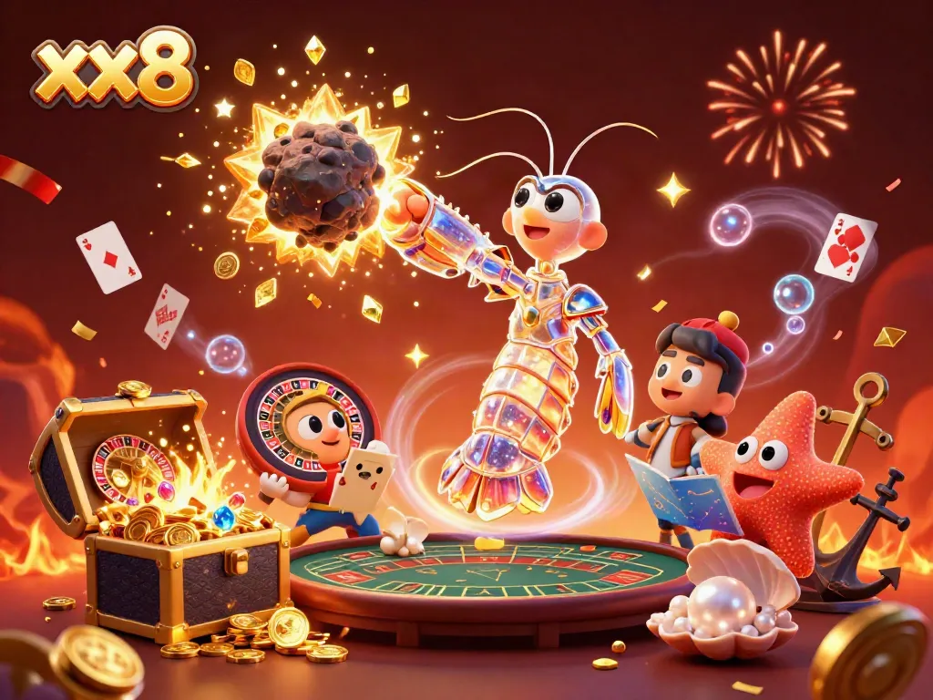 Engaging 3D illustration featuring a samurai mantis shrimp and starfish celebrating with casino elements, highlighting xx8.