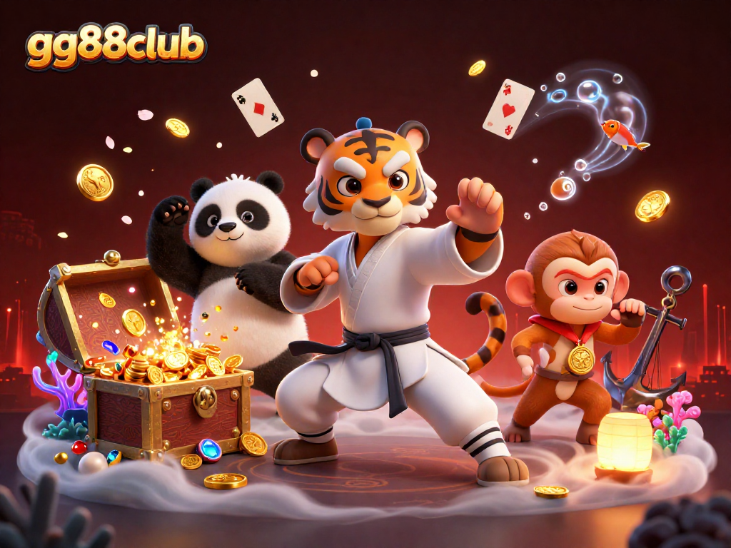 Win big at gg88club with a vibrant 3D scene featuring a kung fu tiger, panda disciple, and a monkey stealing gold.