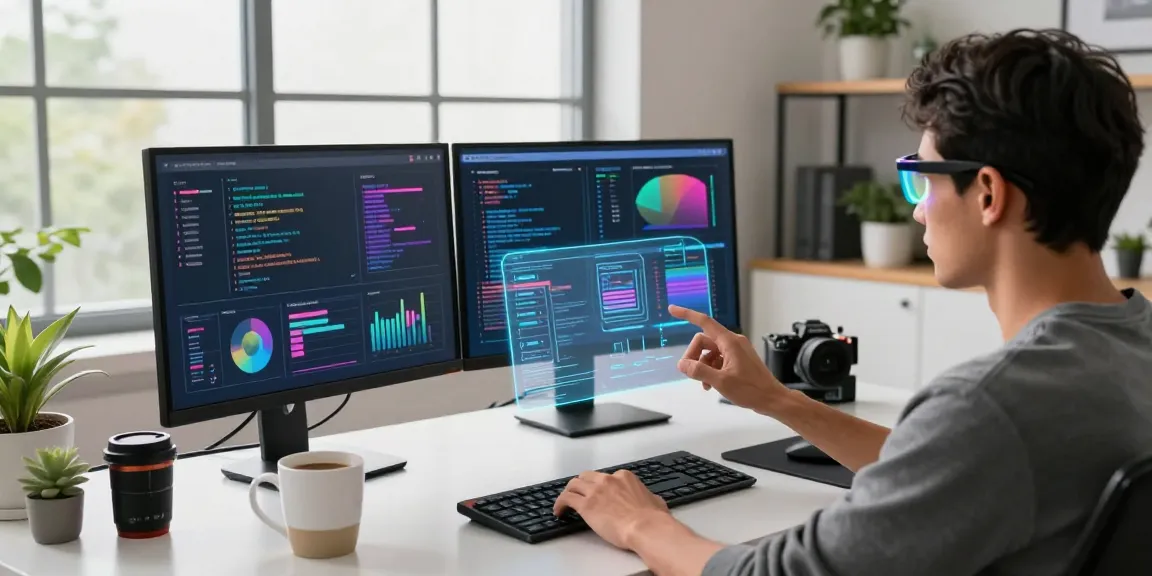 Innovative smart glasses worn by a professional in a tech workspace with holographic displays and modern gadgets.