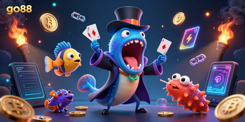 Engage with go88's thrilling card tricks in a vibrant underwater casino scene, featuring playful characters.