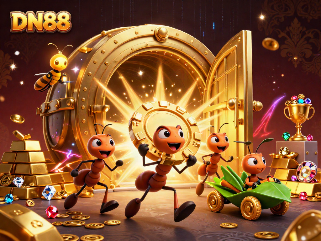Join the thrilling heist at DN88 with a cartoon team of ants carrying massive poker chips!