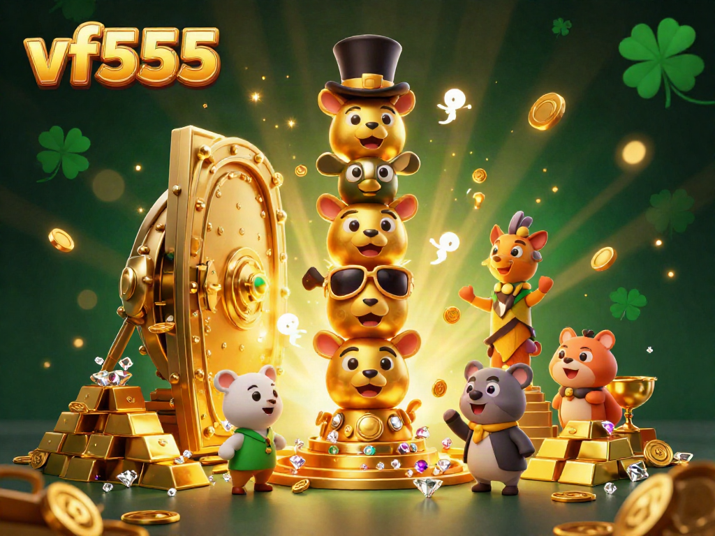 Spin the reels at vf555 with vibrant treasures and a whimsical golden totem at this dynamic casino illustration.
