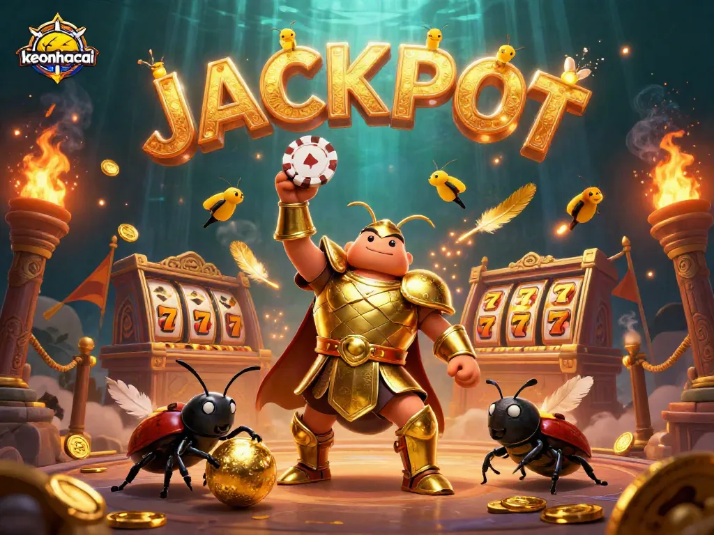 Experience the thrill of keonhacai with a victorious beetle lifting a poker chip, surrounded by dynamic casino elements.