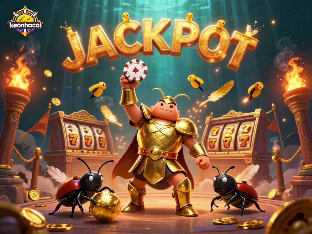 Experience the thrill of keonhacai with a victorious beetle lifting a poker chip, surrounded by dynamic casino elements.