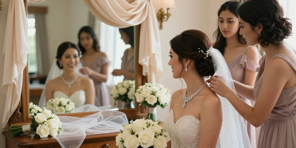 Beautiful bride showcasing a bridal diamond necklace while getting ready on her wedding day amidst soft light and elegant decor.