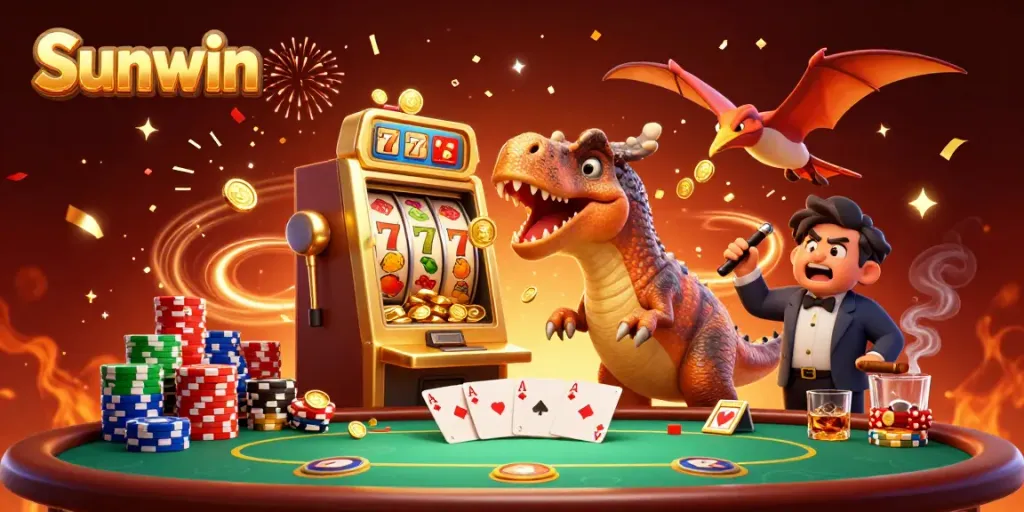 Sunwin game scene featuring pachycephalosaurus hitting a slot machine, coins flying vividly.