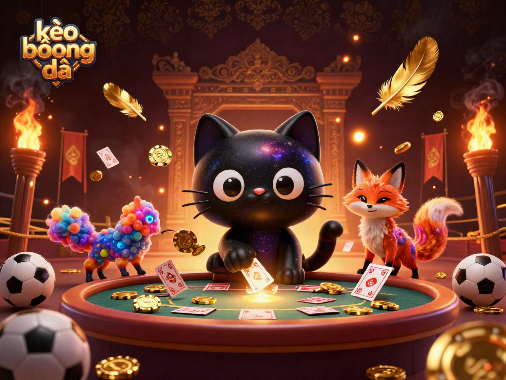 Engaging scene showcasing kèo bóng đá with cartoon characters at a sports betting table, surrounded by energetic casino elements.