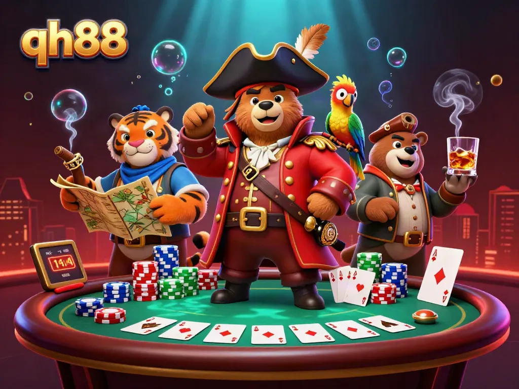Engage with QH88 in a thrilling poker scene featuring playful pirate characters and rich casino elements.