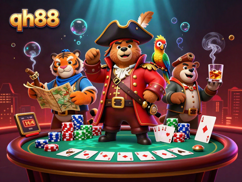 Engage with QH88 in a thrilling poker scene featuring playful pirate characters and rich casino elements.
