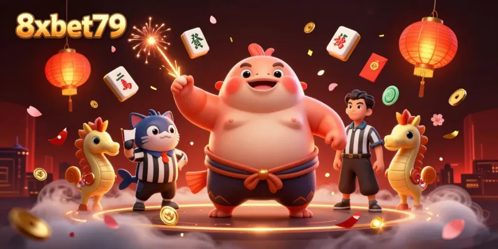 Experience the thrilling underwater scene featuring 8xbet79 with a fugu sumo wrestler and festive elements celebrating gaming.