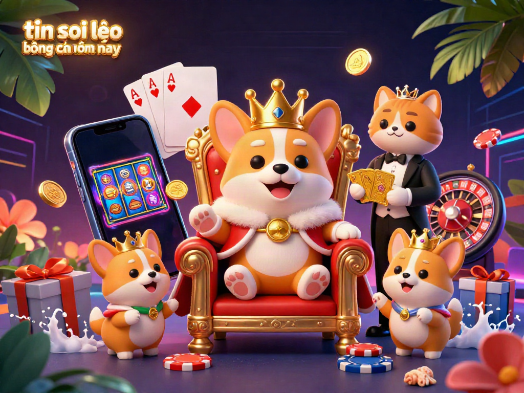 Experience the colorful world of tin soi kèo bóng đá hôm nay with a royal corgi on its throne amidst dynamic gaming elements.