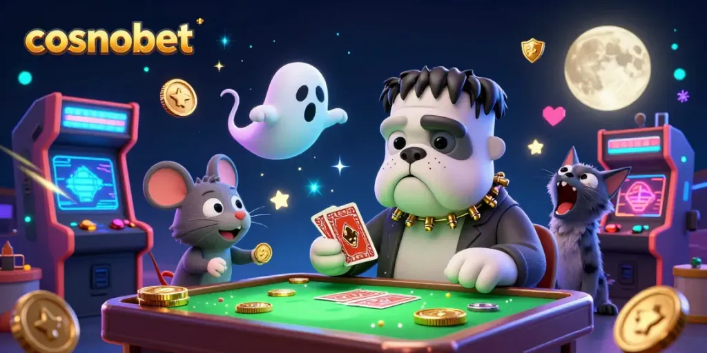 Join the excitement at cosmobet with cartoon characters in a lively casino scene full of vibrant gaming action.