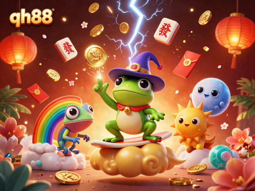 Experience the magic of qh88 with a storm of golden coins, vibrant characters, and casino elements.