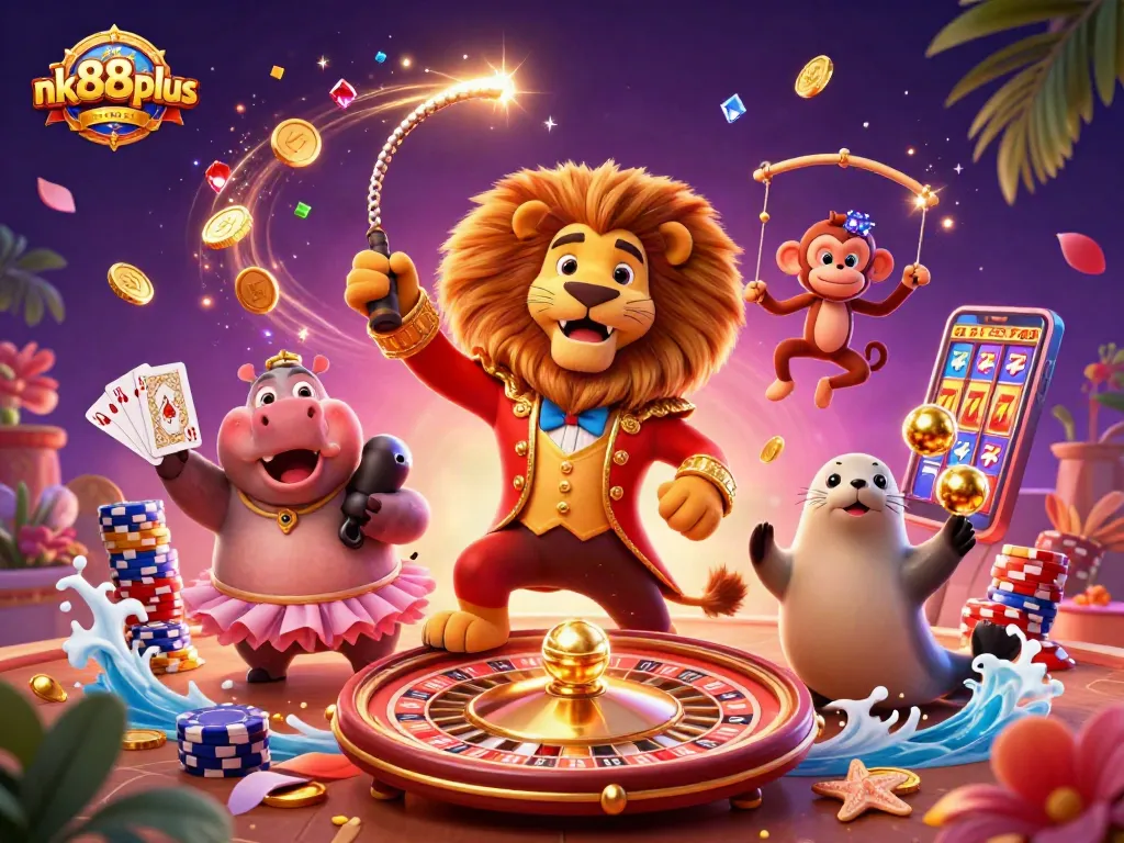 Engage in thrilling games at nk88plus with vibrant casino characters amid golden coins and sparkling gems.