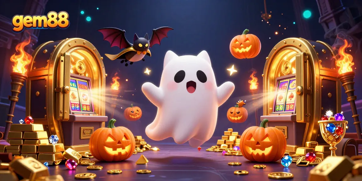 Join the fun at gem88 with vibrant casino elements, featuring a friendly ghost cat and bat companion.