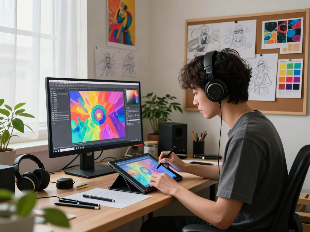 Creative scene showing artist using nsfw ai tools in a vibrant studio