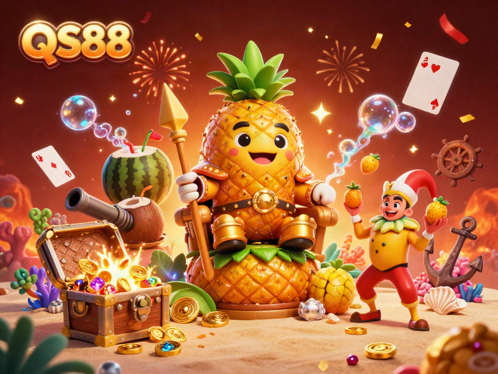 Experience exciting wins at QS88's vibrant casino in this ultra-detailed 3D cartoon illustration.