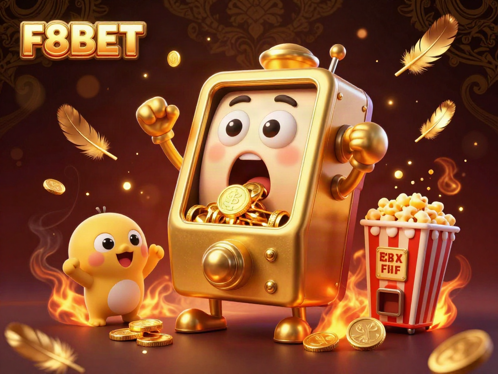 F8BET golden slot machine triumphantly pouring coins in an ultra-detailed 3D scene.