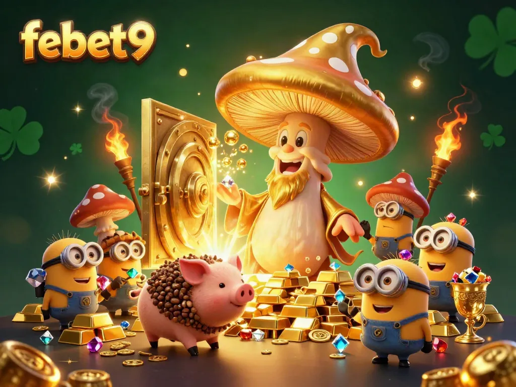 Explore the enchanting febet9 casino scene with a golden wizard and treasures in a vibrant setting.
