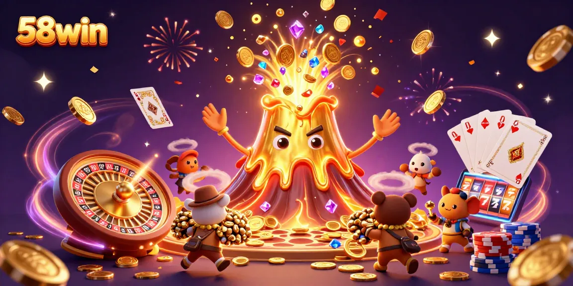Experience the dynamic excitement of 58win with vibrant treasures flying from the golden volcano.