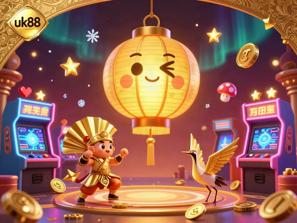 Engage with uk88's vibrant casino scene filled with golden lanterns, arcade games, and lucky symbols.