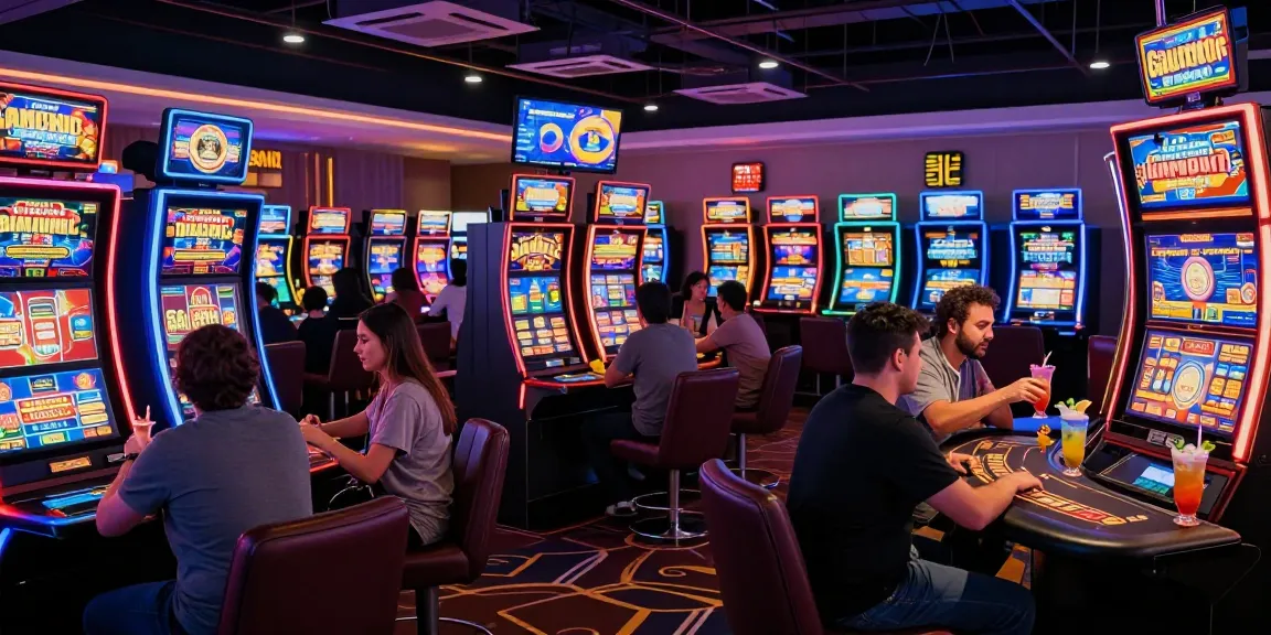 Players enjoying vibrant non-GamStop casino games under neon lights.