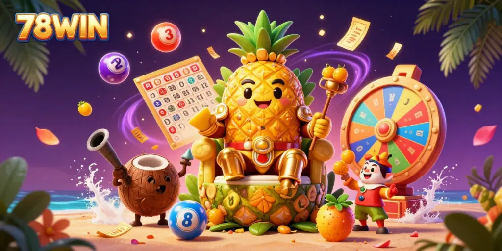 Experience the vibrant excitement of 78WIN with a dynamic casino-themed illustration filled with golden jackpots and lively characters.