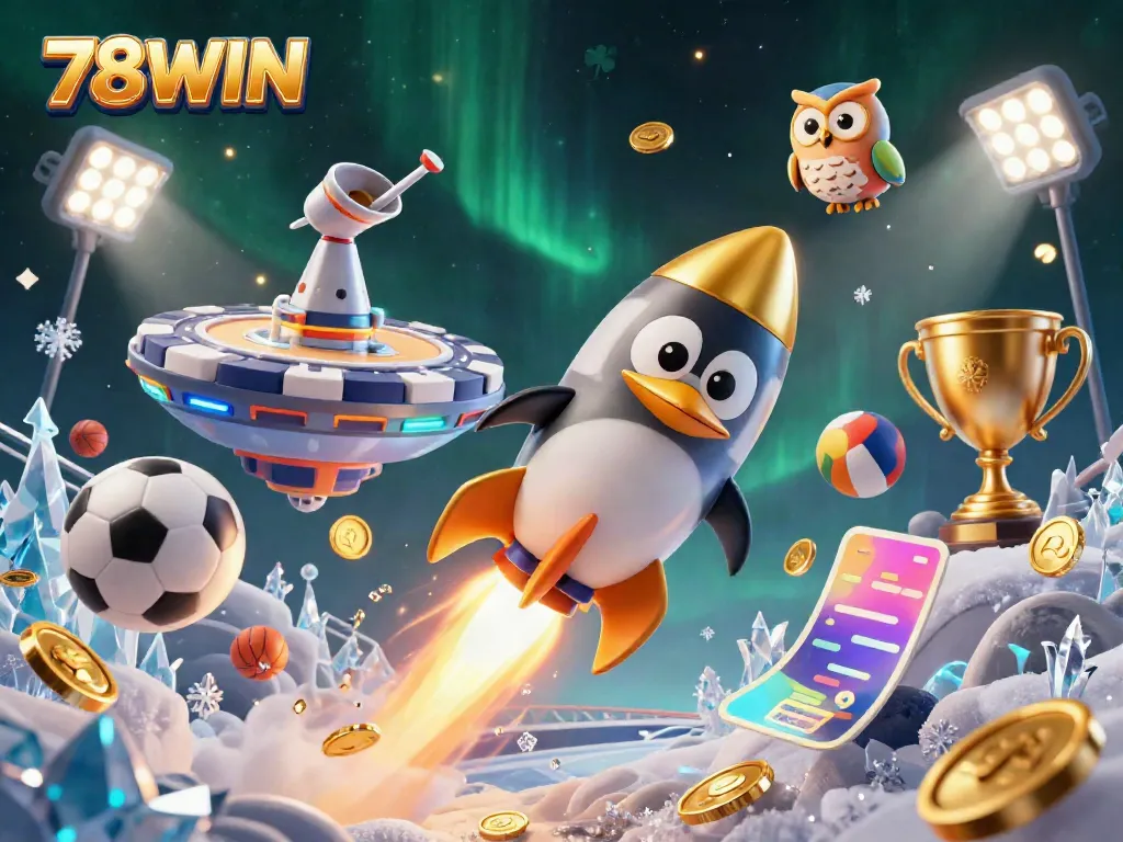 Experience thrilling gaming at 78WIN with a golden penguin in a dynamic casino space scene.