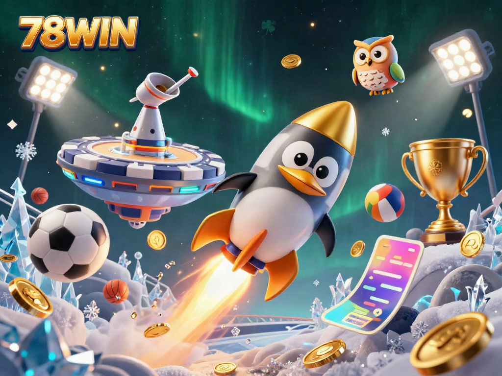 Experience thrilling gaming at 78WIN with a golden penguin in a dynamic casino space scene.