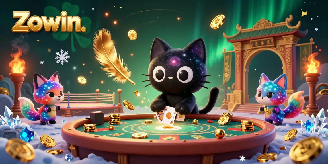 Win big at Zowin's casino with a cartoon black hole cat and nebula fox surrounded by golden tokens.