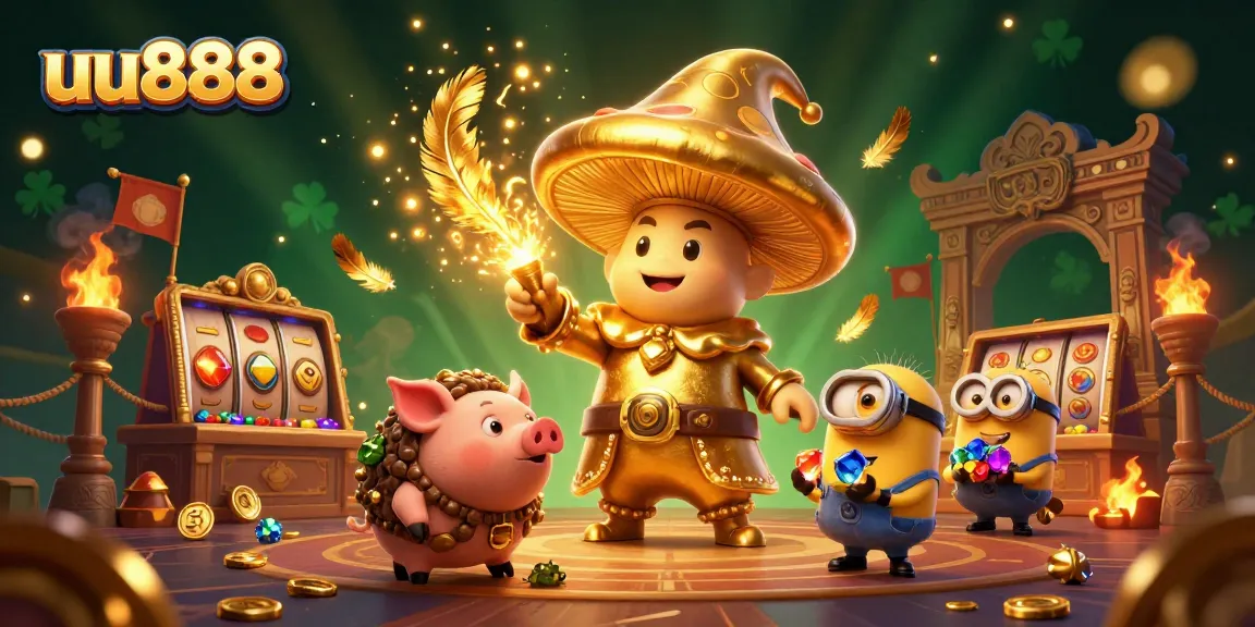 uu888 casino illustration showcasing a magical golden mushroom wizard with treasures and slot machines.