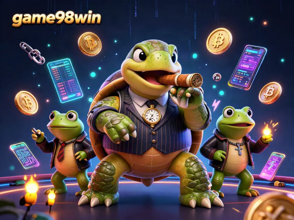 Experience thrilling gameplay with game98win, showcasing a vibrant casino scene featuring iconic characters and crypto symbols.