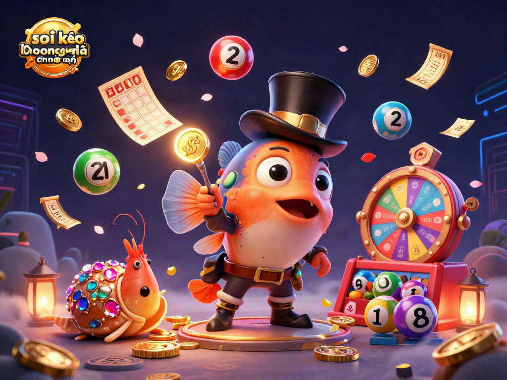 Soi kèo bóng đá hôm nay chính xác as a vibrant 3D illustration featuring interactive gambling elements like golden coins and lottery balls.