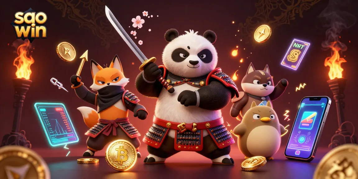 Engage with the thrilling world of sao win, featuring a samurai panda and a ninja fox in a dynamic casino illustration.