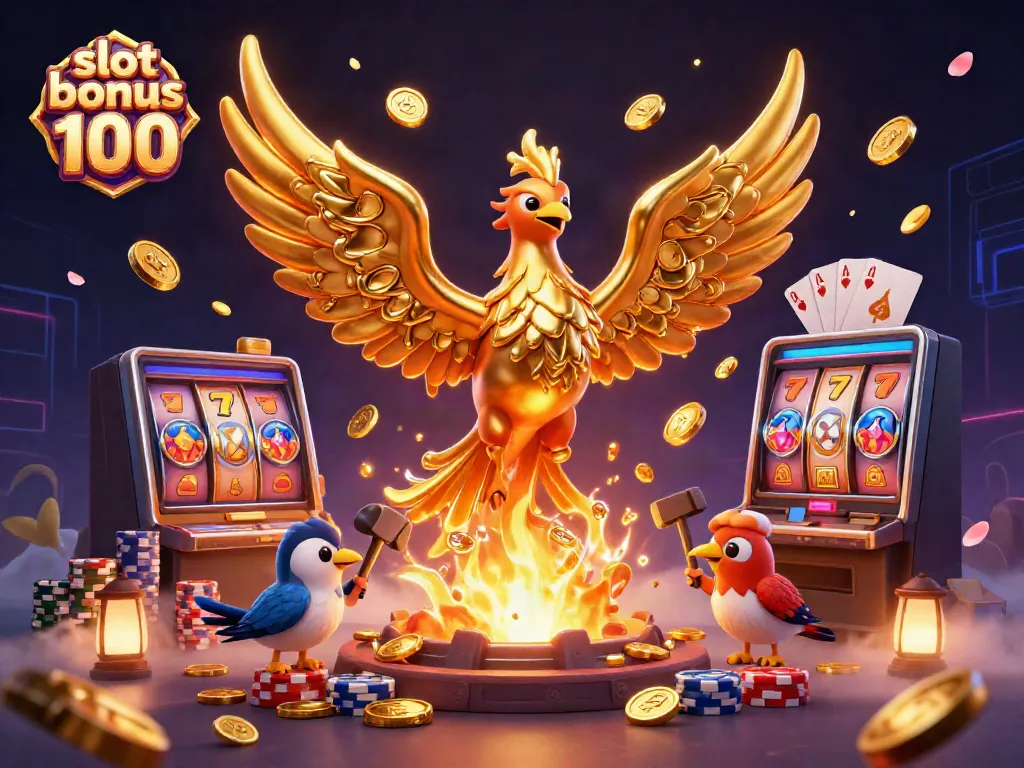 Experience the thrill of winning with slot bonus 100 featuring a fiery golden phoenix, vibrant slot reels, and enticing poker chips.